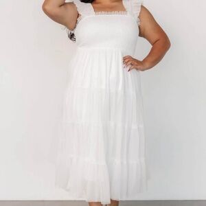 Baltic Born White Midi Dress with Square Neck and Flutter Sleeves